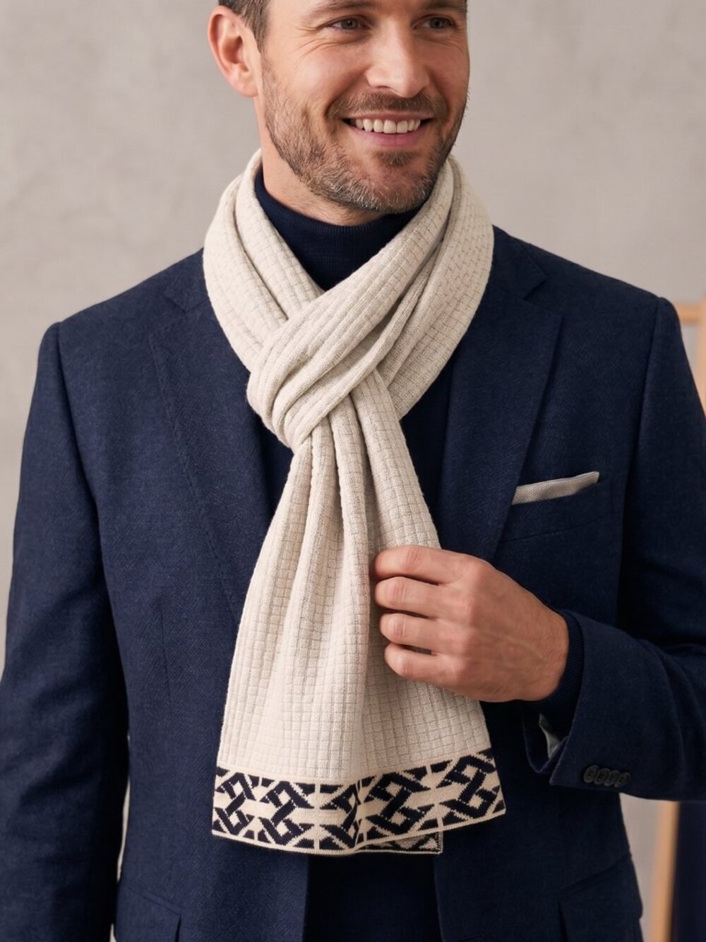 NIP Mens Soft Winter Scarf Geometric Pattern Gray Black Warm 12"x80"
